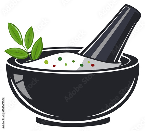 Herbal medicine preparation with mortar and pestle and fresh green leaves