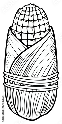 Corn on the Cob Illustration: Black and White Outline Drawing of Fresh Maize