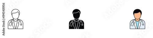 Medical doctor and healthcare professional icon set. Physician with stethoscope avatar symbol. Vector Illustration.