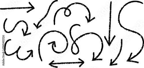 Hand drawn arrows in various directions and shapes on a white background