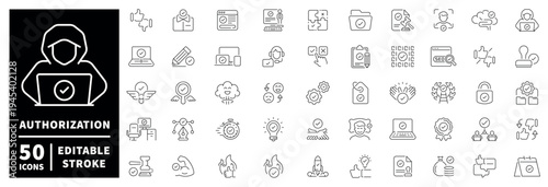Authorization outline icon set with editable stroke. 50 thin line style symbols for security and access