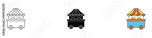 Carnival food stall and street market cart icon set. Festival snack booth symbols. Vector Illustration.