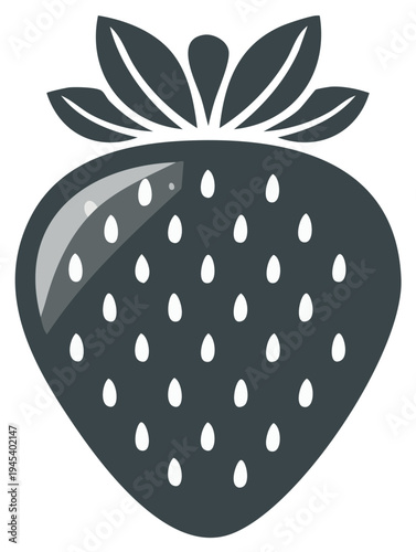 Monochrome Vector Illustration of Ripe Strawberry Fruit with Seeds and Leaves