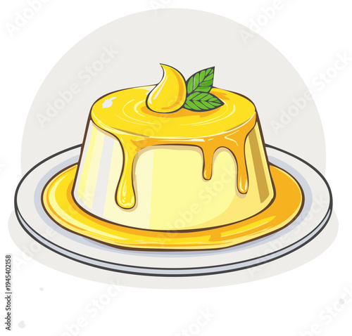 Delicious yellow custard dessert with mint leaves and syrup on a white plate