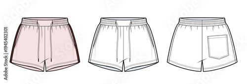 Sporty Drawstring Shorts. Men's and Women's Athletic Shorts Technical Flat Sketch - Elastic Waistband with Drawcord and Back Patch Pocket Vector Template. Front and back view CAD Mockup set.