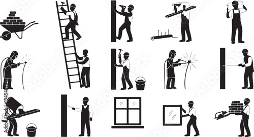 A collection of black silhouettes depicting construction workers and laborers engaged in various tasks on a building site, including renovation and DIY activities with tools austrator Artwork