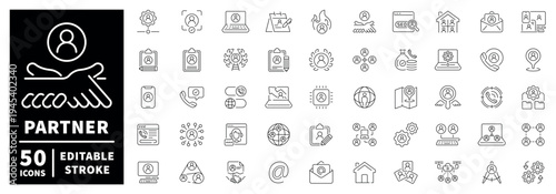 Partnership linear icon set: editable stroke icons in thin line style for collaboration and business