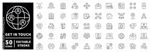Communication outline icon set. editable stroke, thin line style for network and contact symbols