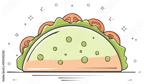 Stylized Illustration of a Delicious Taco Filled with Lettuce and Tomatoes