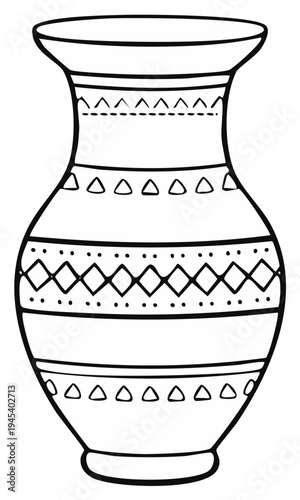 Black and white line art of a traditional vase with geometric ethnic patterns for coloring