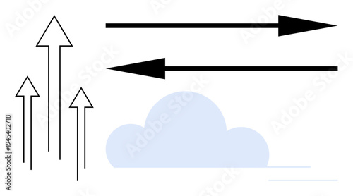 Growth, progress, navigation, direction, change, business strategy. Multiple arrows move upwards or sideways near a cloud. Growth and progress by upward and directional arrows