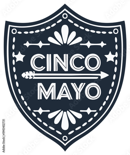 Cinco Mayo celebration shield with traditional folk art patterns and decorative text