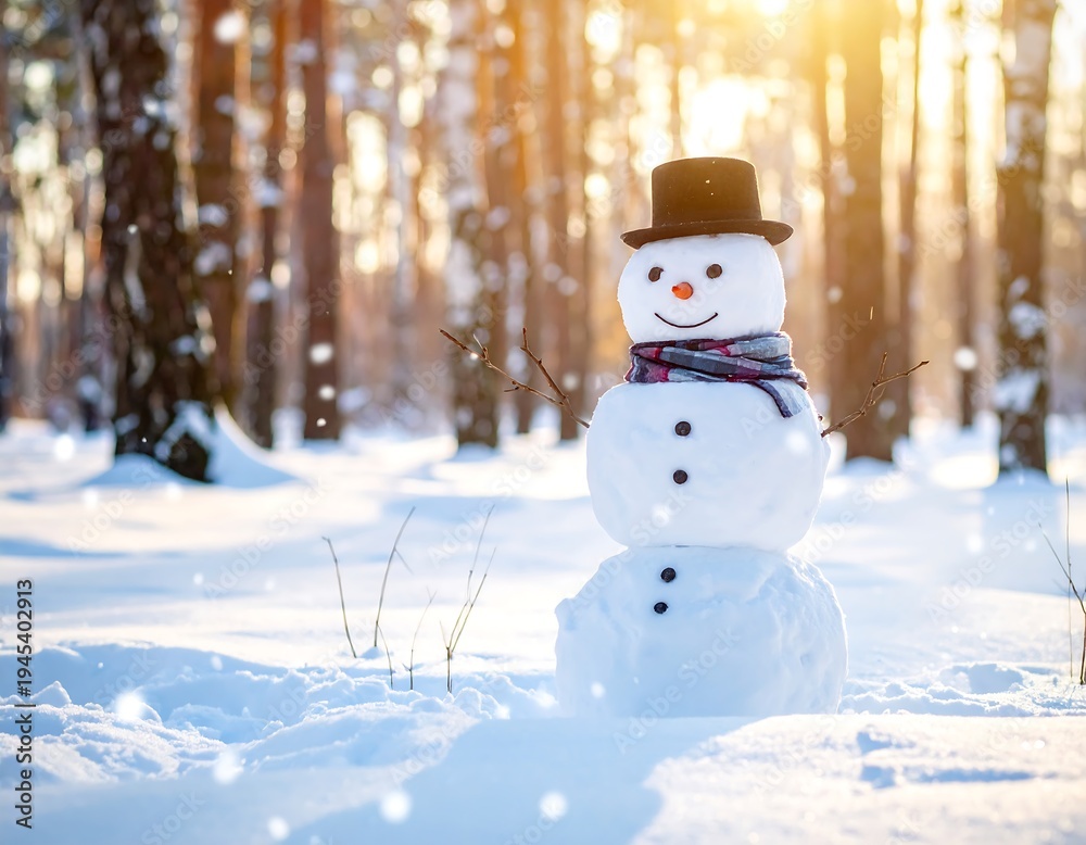 Obraz premium A snowman in a snowy forest with a hat and scarf