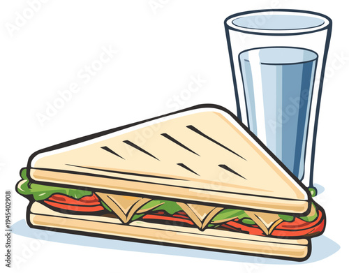Illustrated sandwich and water glass. Lunchtime meal illustration.