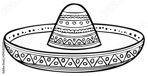 Mexican Sombrero Hat Line Art with Geometric Patterns Festive Headwear for Celebration and Cultural Representation