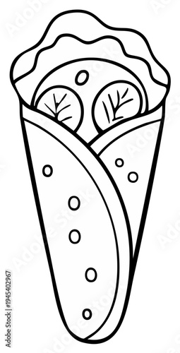Black and white cartoon illustration of a wrap with fillings inside