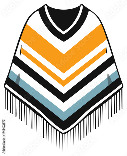 Colorful Striped Poncho with Fringes Illustration, Fashionable Traditional Outerwear Garment