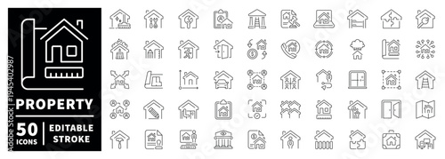 Real estate outline icon set with editable stroke in thin line style