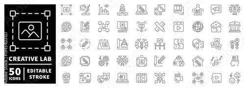 Creative agency outline icon set: editable stroke thin line style for media and marketing