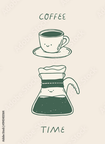 Retro coffee poster with cute espresso cup and pour over kettle. Good for banners, prints, cards, stickers, wallpapers, etc. EPS 10