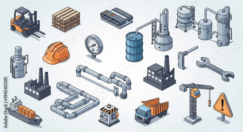 Industrial equipment and machinery isometric vector illustration set.