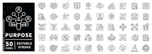 Purpose linear icon set with editable stroke in thin line style for business and strategy concepts