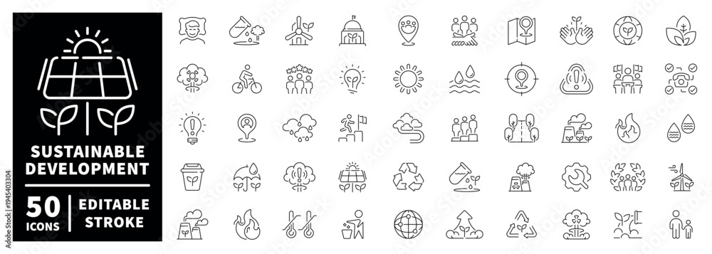 Fototapeta premium Sustainable development outline icon set with editable stroke and thin line style