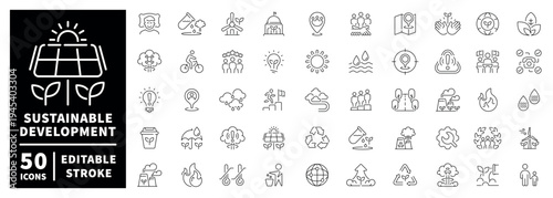 Sustainable development outline icon set with editable stroke and thin line style