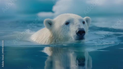 Polar bear swimming in icy blue arctic water with its head above the surface. White bear paddling near ice floes in a cold ocean. Wildlife and climate change concept. B-roll