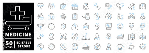 Medicine outline icon set with editable stroke. 50 thin line symbols for healthcare, pharmacy, medical services