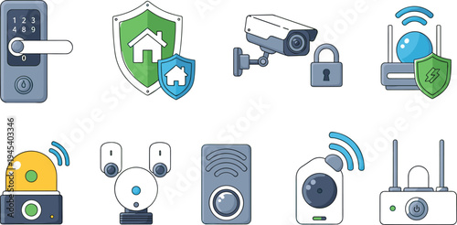Smart home security and IoT device icon set with door lock, surveillance camera, motion sensor, wireless router and home protection technology vector illustration