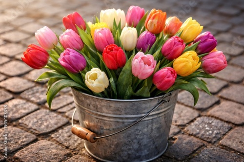 Fresh vibrant tulips in various colors like pink, red, yellow, orange, and purple, blooming inside a metal bucket on an outdoor cobbled path during golden hour