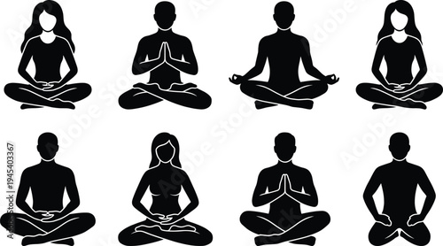 Yoga, Meditation, Pose, Silhouette, Woman, Man, Lotus, Position, Wellness, Fitness, Relaxation, Mindfulness, Balance, Healthy, Lifestyle, Spiritual, Calm, Exercise, Black, Vector