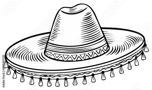 Isolated traditional Mexican sombrero illustration features an embroidered geometric band and tassel decorations in a vintage aesthetic