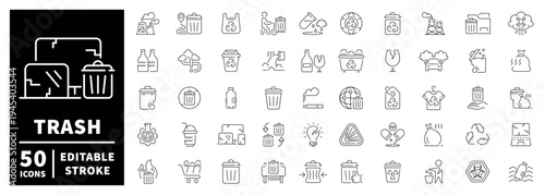 Trash and recycling icon set: outline editable stroke icons in thin line style