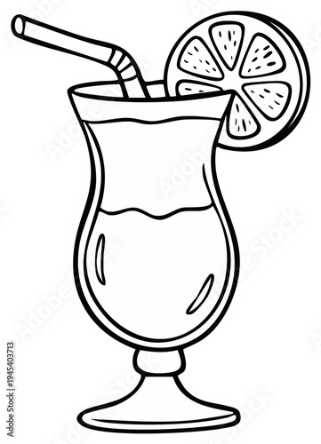 Cocktail outline in glass with straw and orange slice for summer drinks menu