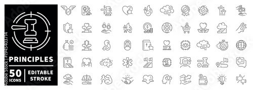 Principles icons set: outline editable stroke symbol collection in thin line style