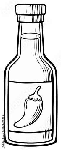 Chili sauce bottle vector illustration, spicy condiment drawing