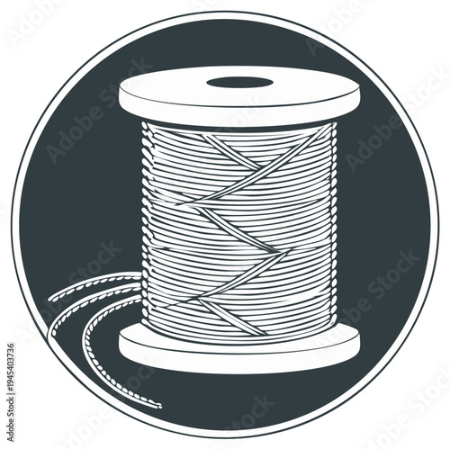 Illustration of a spool of thread with loose ends in a circular emblem