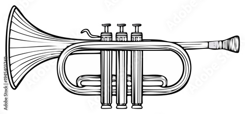 Detailed line drawing of a classic brass trumpet instrument