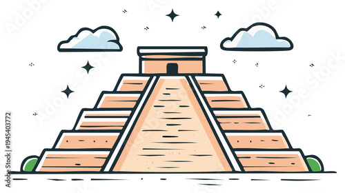Aztec Pyramid Vector Illustration: Ancient Civilization Temple Amidst Clouds and Stars