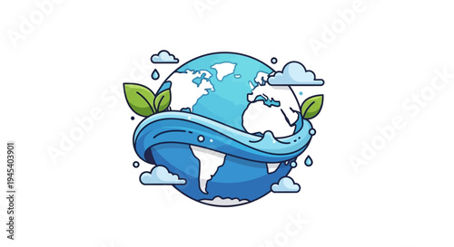 Illustration of a blue globe with water drops and green leaves on a white background for World Water Day, symbolizing eco and ecology