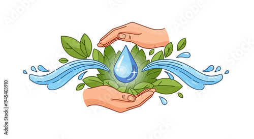 Illustration of hands cradling a water drop surrounded by leaves and water streams on World Water Day with an eco-friendly theme