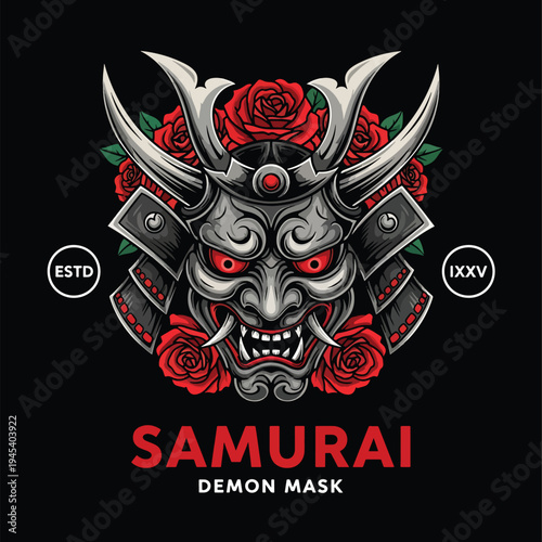 Traditional Japanese Samurai Demon Mask Illustration with Roses, Ancient Warrior Culture Vector Art