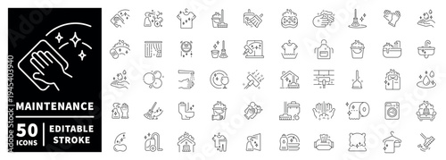 Maintenance outline icon set: editable stroke with thin line style for cleaning and repairs