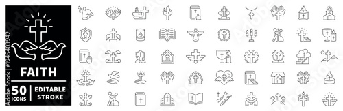 Faith outline icon set with editable stroke in thin line style for religious symbols