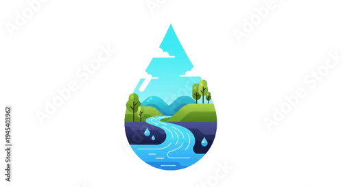 Illustration of a water drop with a scenic landscape featuring a river, trees, and mountains, symbolizing World Water Day and eco-friendly themes in a vibrant, stylized design