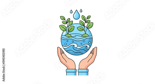 Illustration of a hand holding the earth with water drops and green leaves on top, symbolizing eco-friendly World Water Day in India