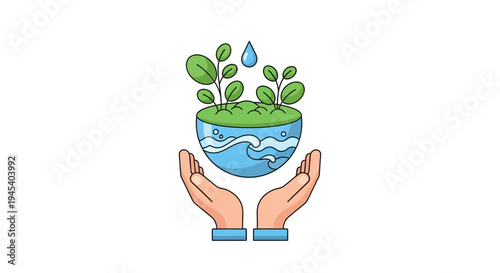 A vibrant illustration of hands cradling a globe with lush green plants and water droplets symbolizing World Water Day and eco-friendly practices