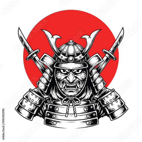 Fierce Samurai Warrior Helmet and Mask with Crossed Swords Illustration Against Red Sun Motif